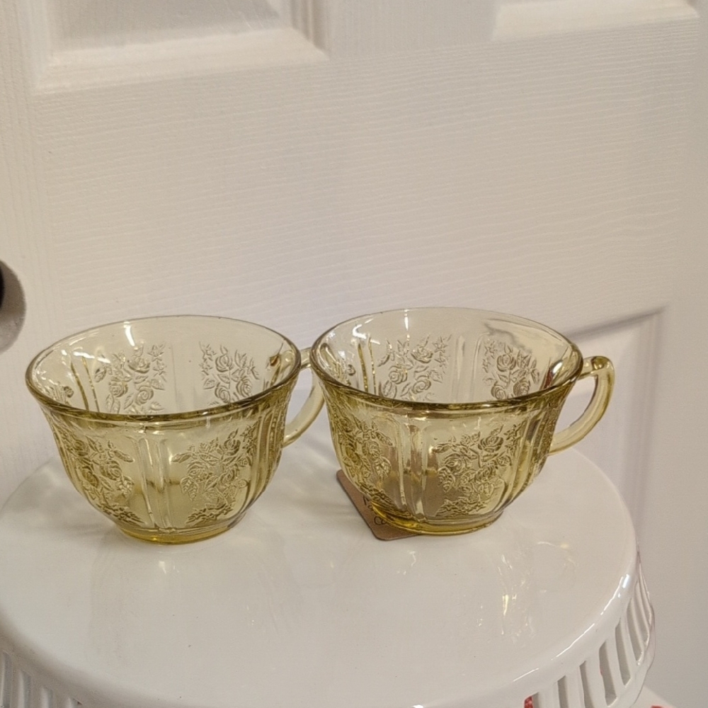 Vintage Yellow/Amber Cabbage Rose Depression Glass Teacups Set Of 2